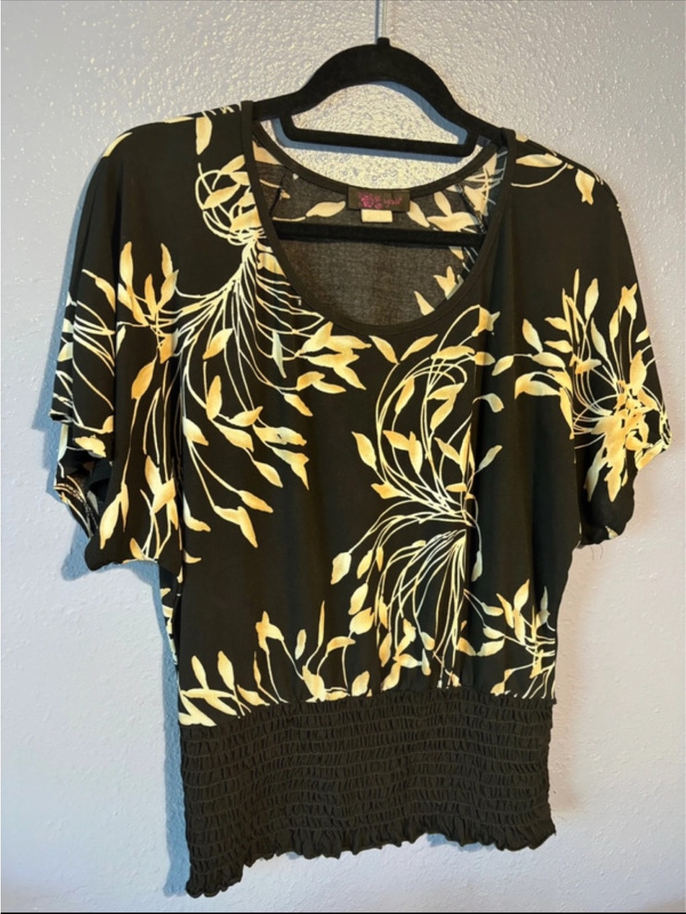 Agenda Black Top with Yellow Floral Print and Smocked Waist